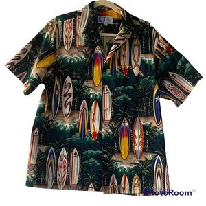 Vintage RJC LTD Hawaiian Shirt Made in Hawaii Mens L Green Surfboards Palm Tree